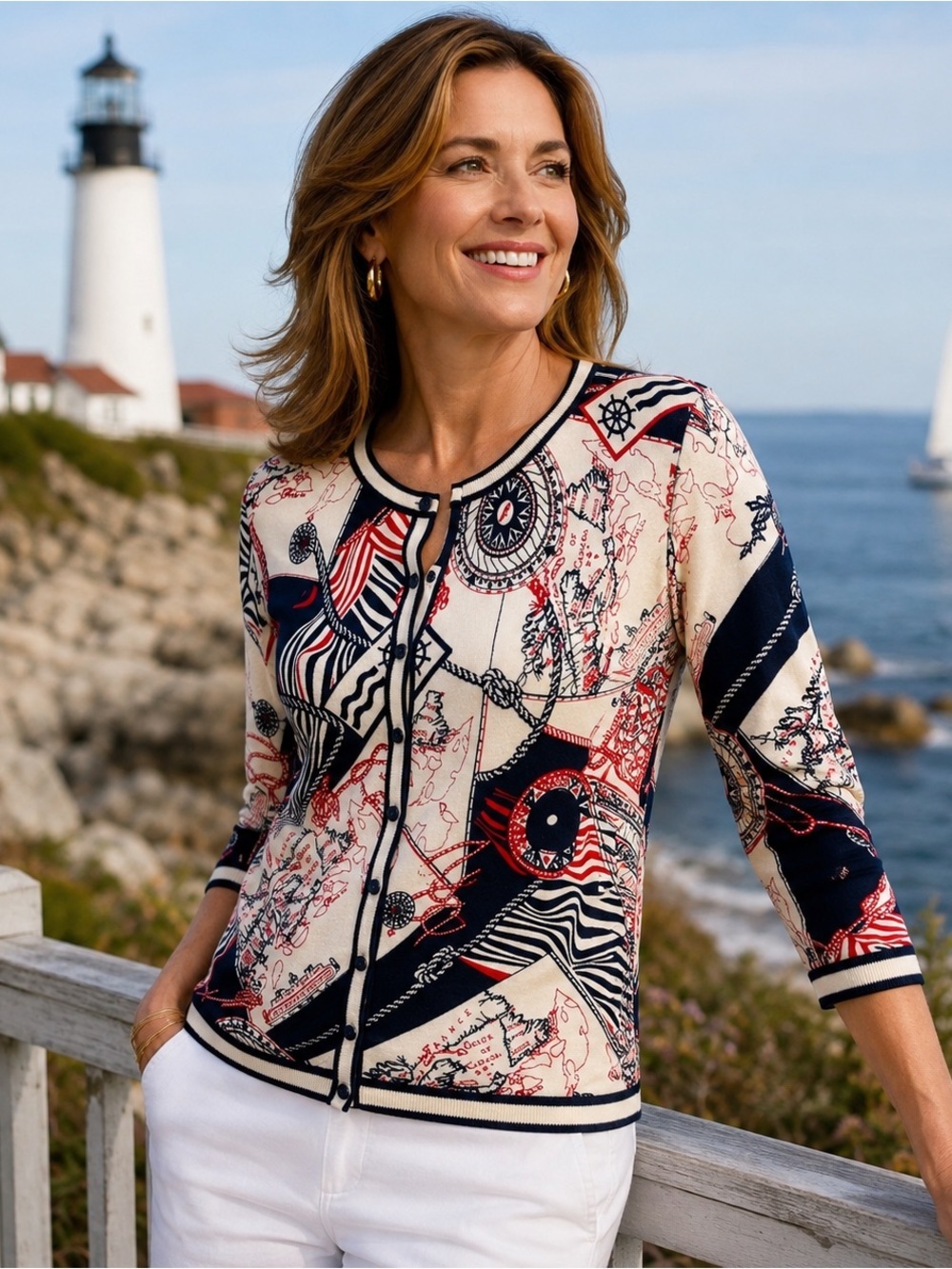 Talbots Sea Maps Nautical Cardigan NWOT Sz S Coastal Compass Ship Wheel Ropes